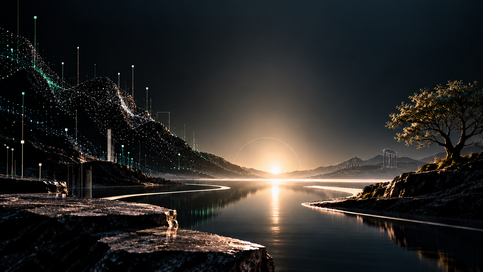 Layered mountain ridges and a lake at sunset